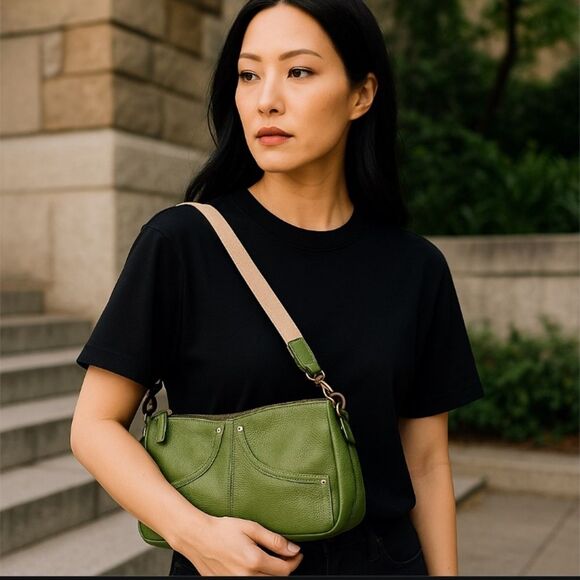 Tignanello Y2K Pebble Leather Bag Removable Canvas Shoulder Strap Kelly Green - Picture 11 of 12